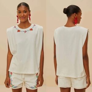 FARM Rio Floral Embroidered White Muscle Tee